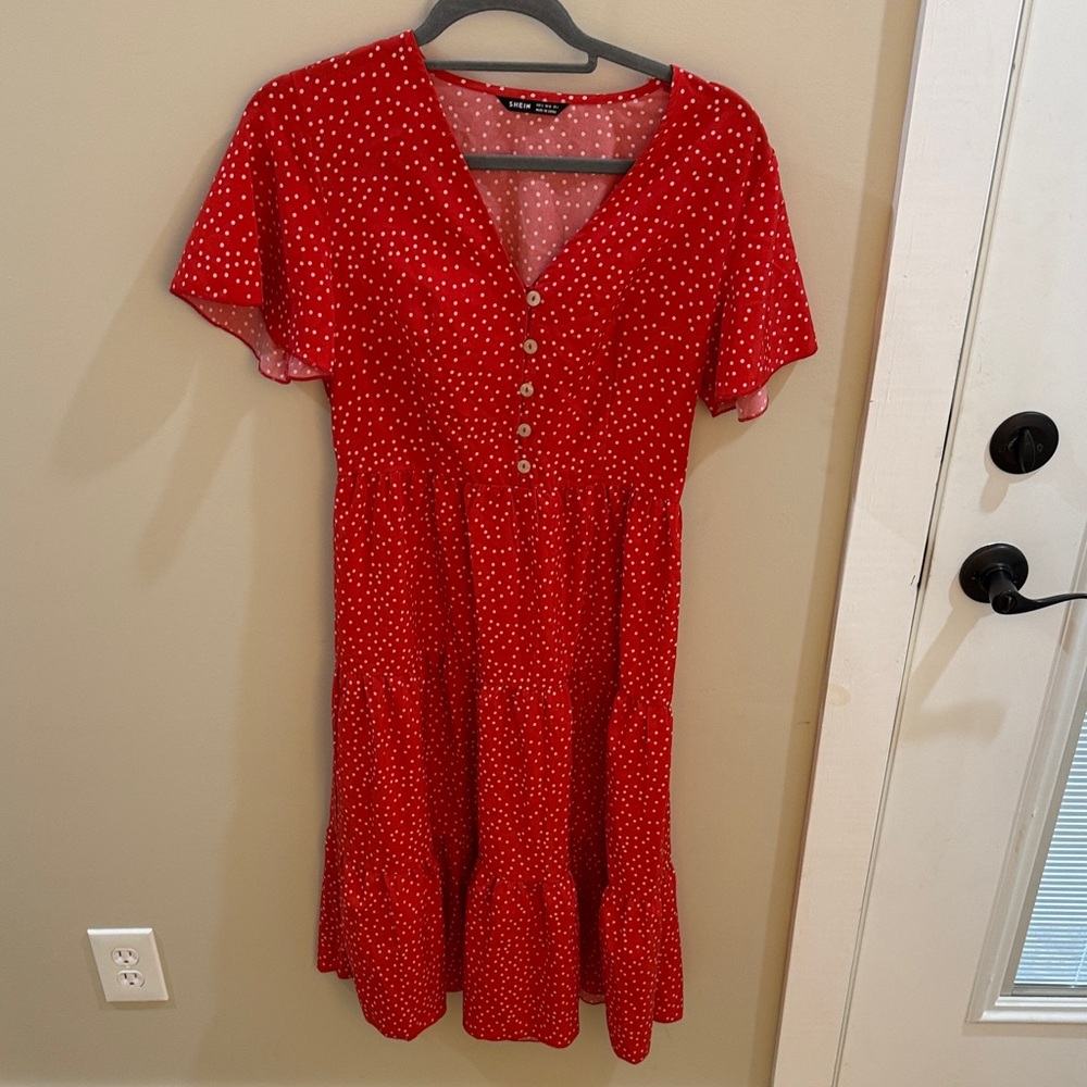 SHEIN Red Polka Dot Button-Down Dress